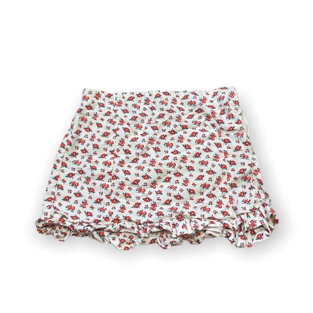 Zara Linen Blend All Over Flowers Floral Lined Ruffle Hem Side Zip Mini Skirt XS